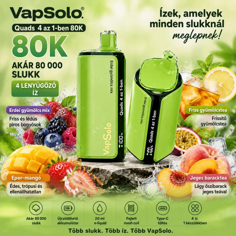 Vapsolo Quads 80K 4 az 1-ben eldobható vape – vegyes piros gyümölcsök, eper-mangó, gyümölcstea és jeges baracktea ízek