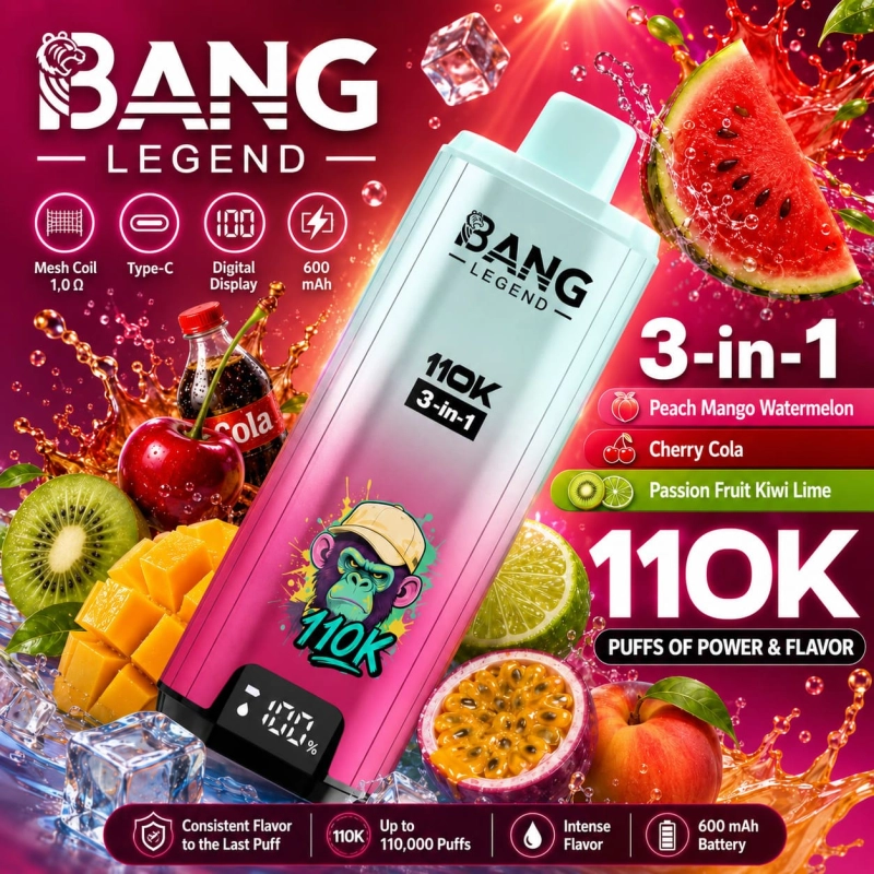 Bang Legend 110K 3-in-1 disposable vape – Blueberry Ice, Melon Apple and Lime Romance flavor set