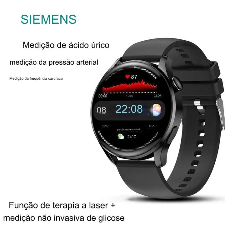 O relógio de terapia a laser Siemens pode monitorar sua frequência cardíaca, pressão arterial e níveis de açúcar no sangue