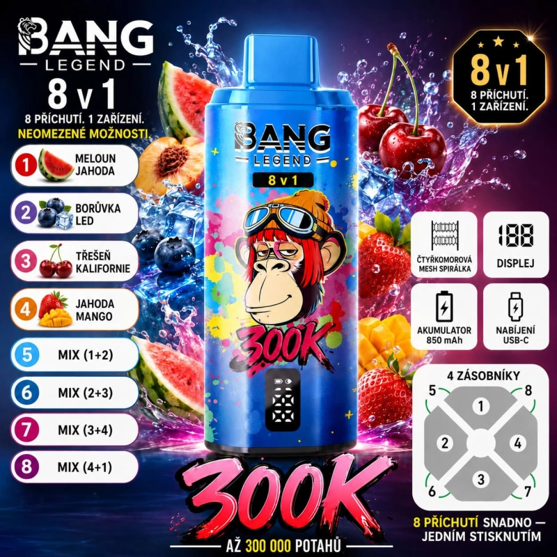 Bang Legend 300K 8 v 1 – vodní meloun s kyselou broskví, ledová borůvka, kalifornská třešeň a jahoda s mangem