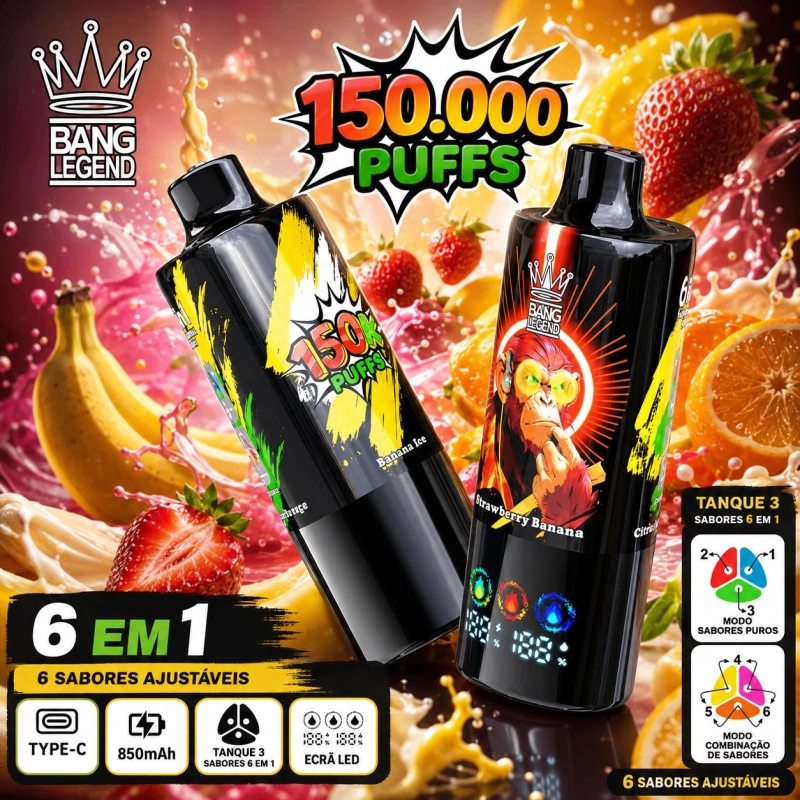 Bang Legend 6 em 1 150000 Puffs Vape Descartável, Sabores de Frutas