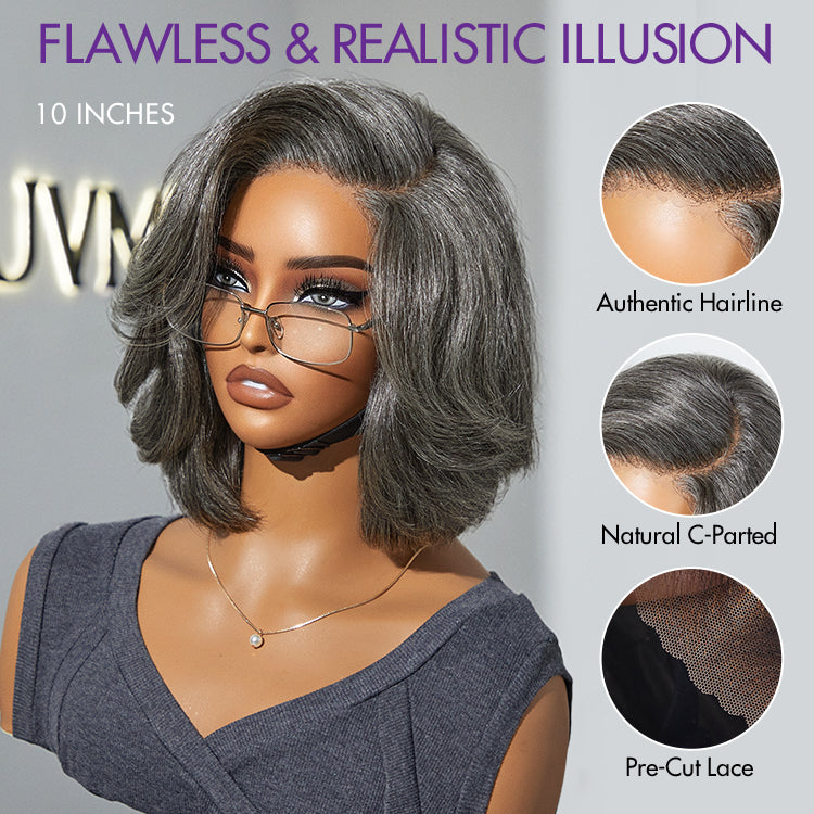 Boss Vibe Salt & Pepper Layered Bob / Body Wave Glueless Pre-Cut Minimalist Lace Grey Wig