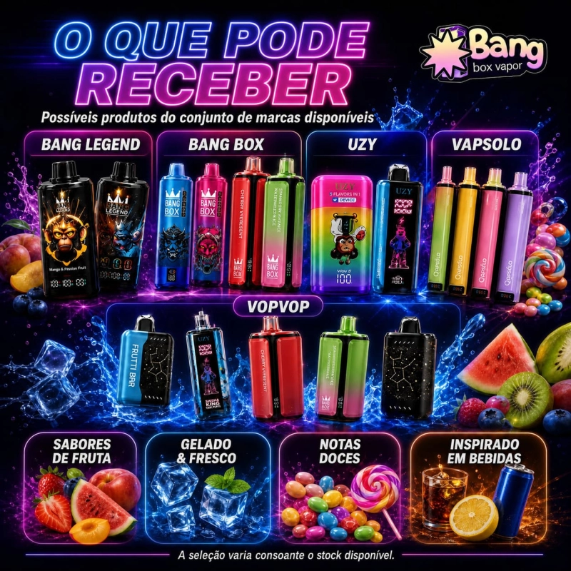 Produtos possíveis da Mystery Box Bangbox-Vapor com Bang Legend, Bang Box, UZY, Vapsolo e Vopvop