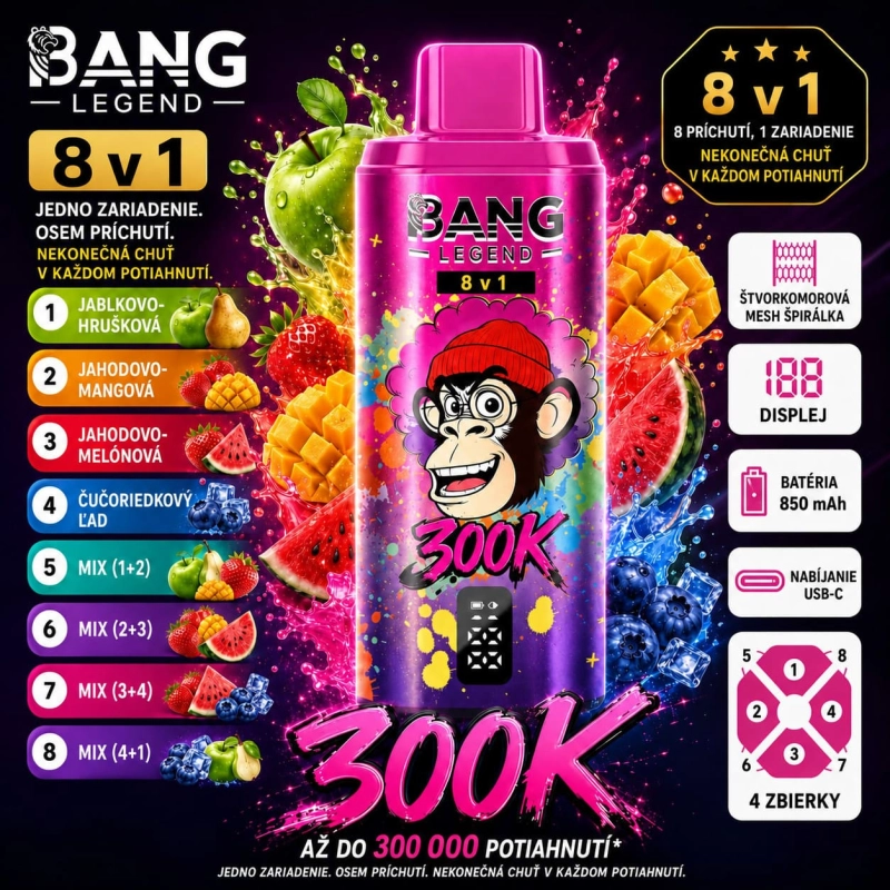 Bang Legend 300K 8v1 príchuť Apple Berry Ice – jablko, hruška, jahoda a ľadové ovocie vape
