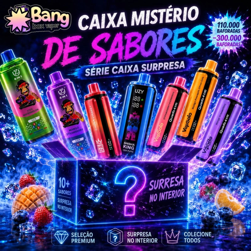 Caixa Mistério Bangbox-Vapor com 110 000 a 300 000 baforadas e diferentes produtos disponíveis
