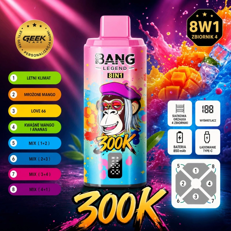 Bang Legend 8IN1 300000 buchów Jednorazowy e-papieros, Owocowy Mix (1)
