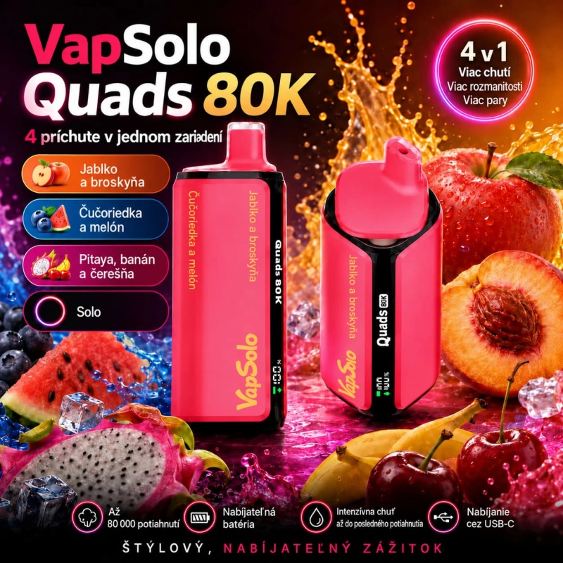 VapSolo Quads 80K 4 v 1 s príchuťami jablko a broskyňa, čučoriedka a melón, pitaya banán a čerešňa
