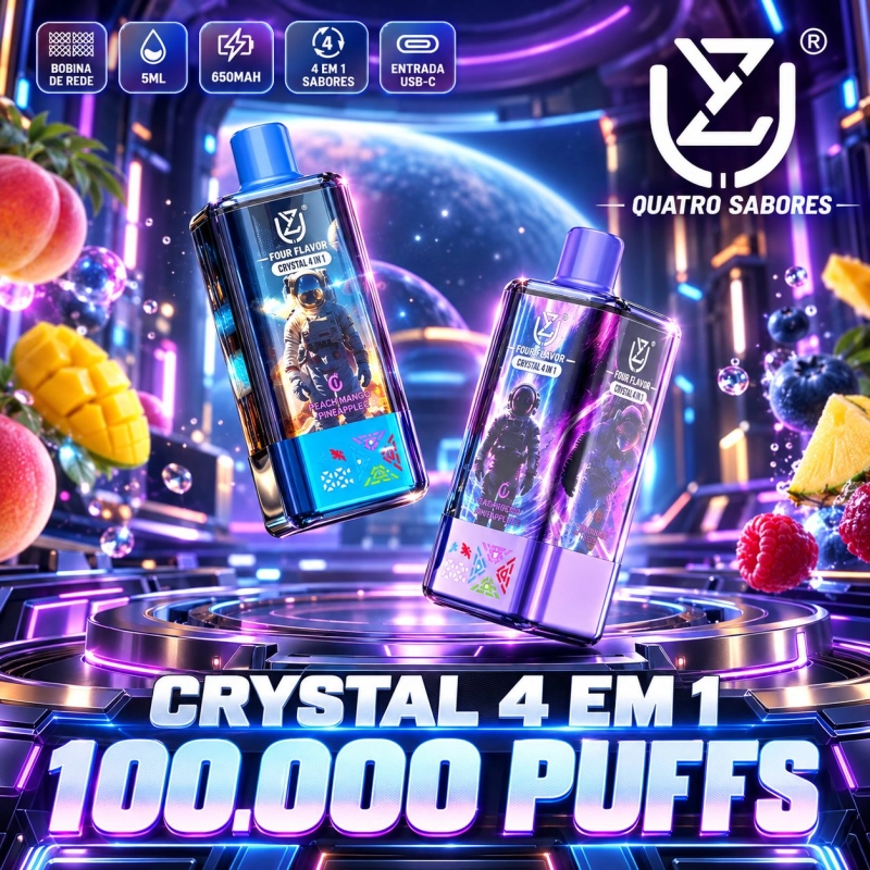 Vape descartável UZY Crystal 4 em 1 100 000 puffs s sabor Cherry Ice e visor LED de bateria
