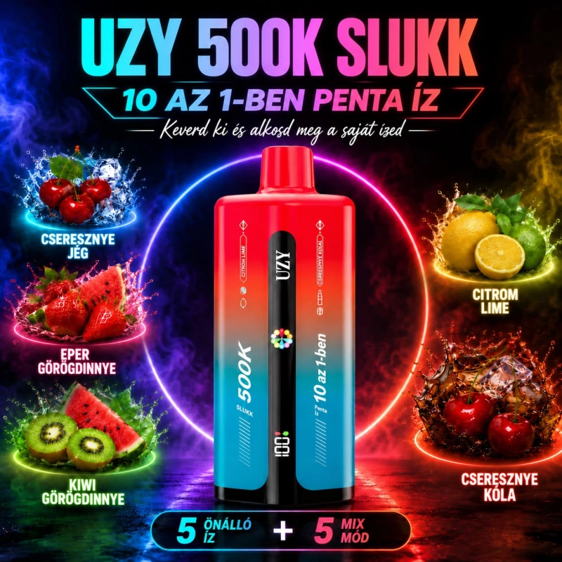 UZY 500K vape 5 ízzel – jeges cseresznye, eper-görögdinnye, kiwi-görögdinnye, lime és cseresznyés kóla