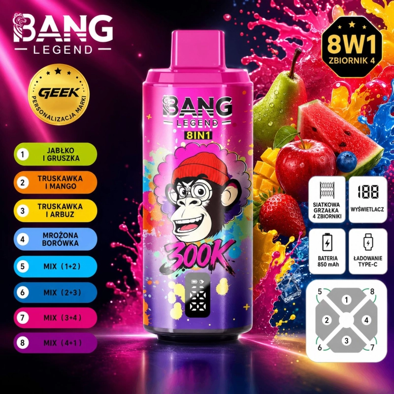 Bang Legend 8 in 1 300000 buchów Jednorazowy e-papieros, Wieloowocowy Mix