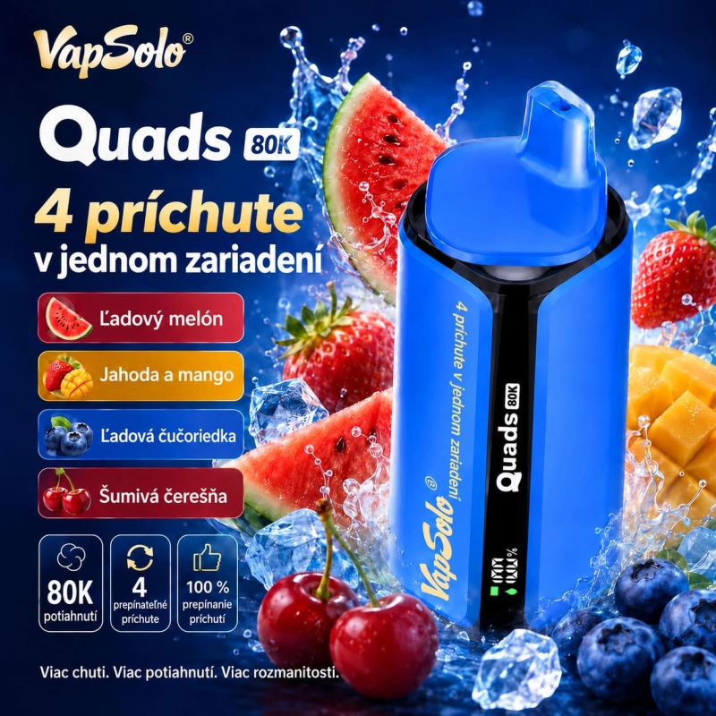 VapSolo Quads 80K – ľadový melón, jahoda s mangom, ľadová čučoriedka a šumivá čerešňa