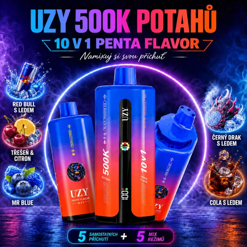 UZY 500K Penta Flavor ledový Red Bull, třešeň citron a ledová cola