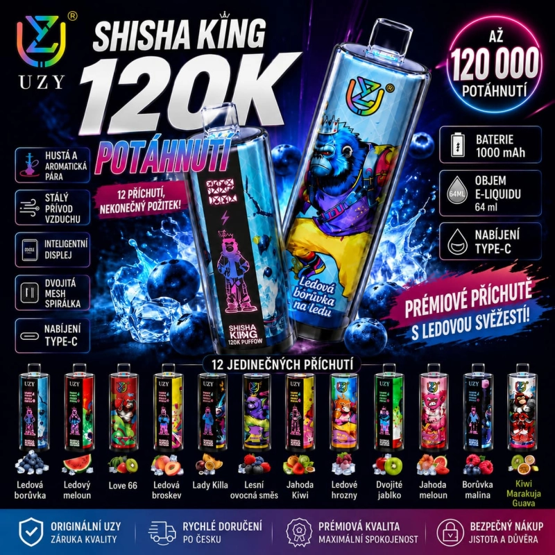 UZY Shisha Hookah King 120K jednorázová vape s 120 000 potahy