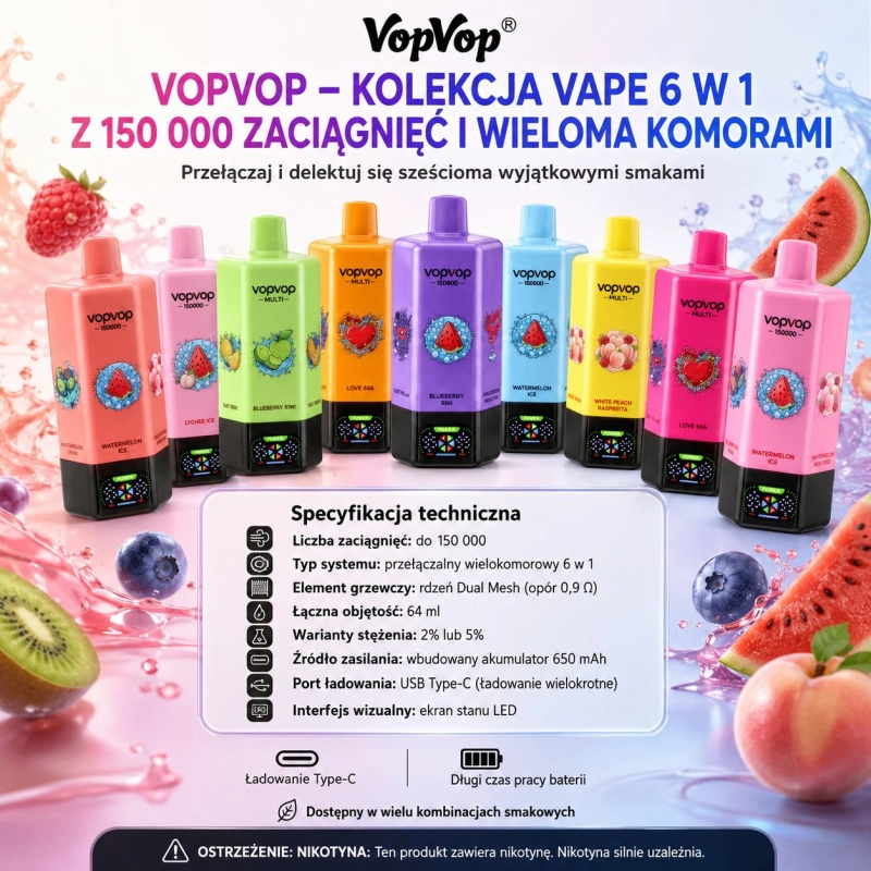 VopVop 6 w 1 150000 zaciągnięć Jednorazowy e-papieros, Wiele smaków
