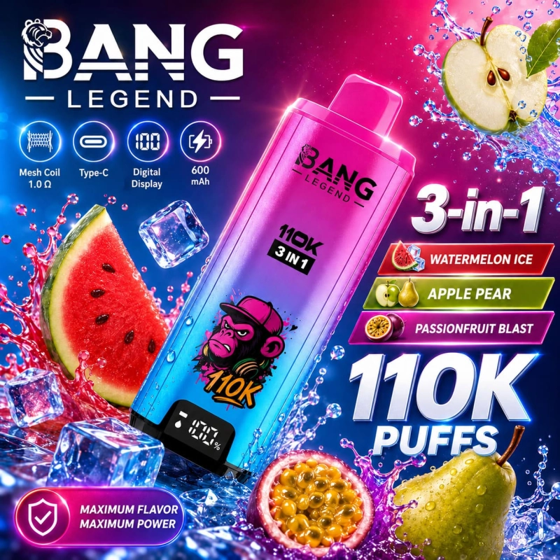 Bang Legend 110K 3-in-1 disposable vape – Strawberry Banana, Peach Ice and Watermelon Sour Peach flavor set