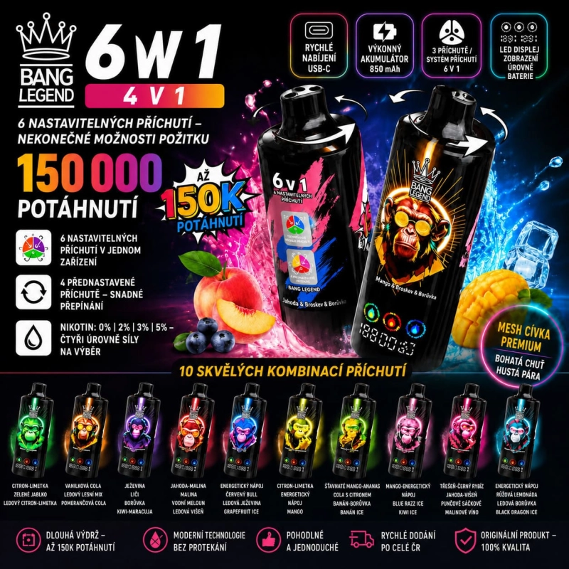 Bang Legend 150K 6 v 1 vape s 6 nastavitelnými příchutěmi a výdrží až 150 000 potahů