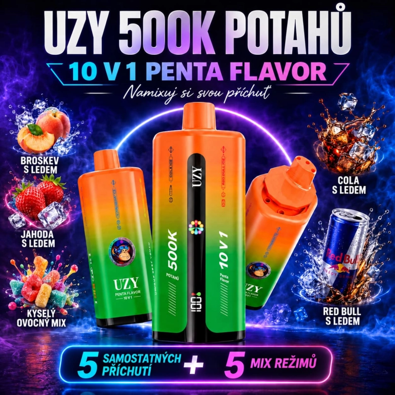 UZY 500K Penta Flavor s příchutěmi ledová broskev, jahoda a ledová cola