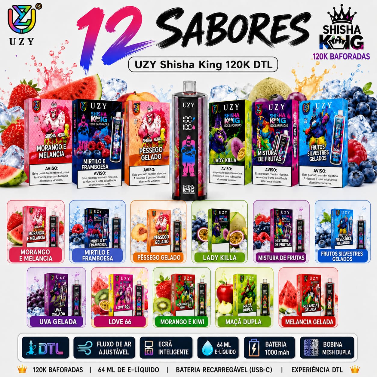 12 sabores UZY Shisha King 120K DTL com Mirtilo Gelado, Melancia Gelada, Love 66, Pêssego Gelado e outras opções