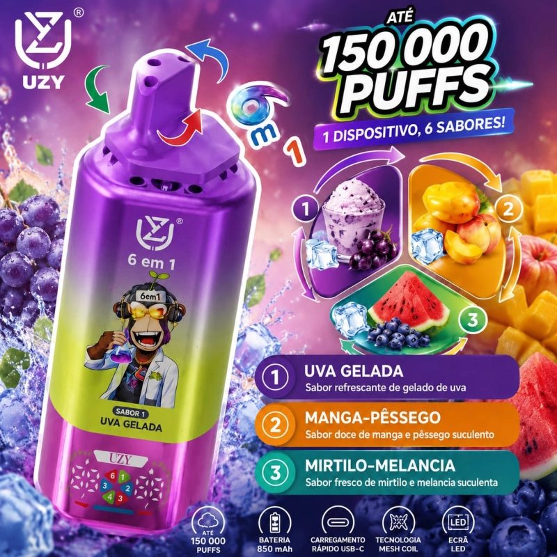 Vape descartável multi-sabores sabor Uva e Manga com gelado de uva, manga com pêssego e mirtilo com melancia
