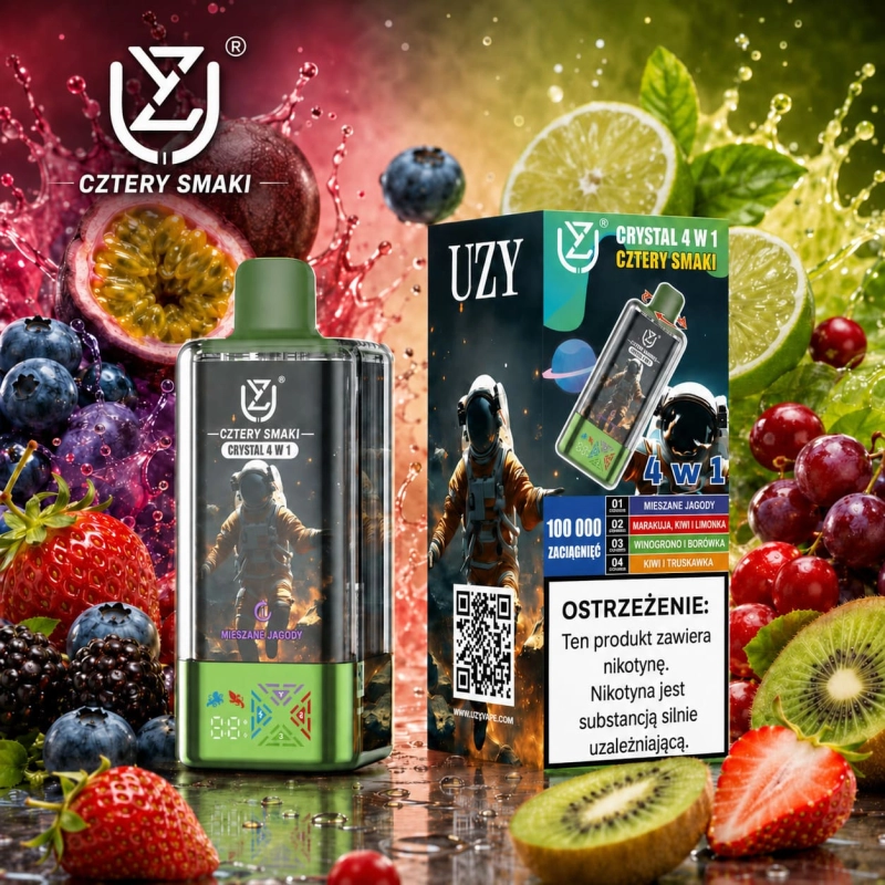 UZY Crystal 100K 4w1 – brzoskwinia, mango i ananas, borówka z maliną, cytryna z limonką oraz arbuzowa guma balonowa