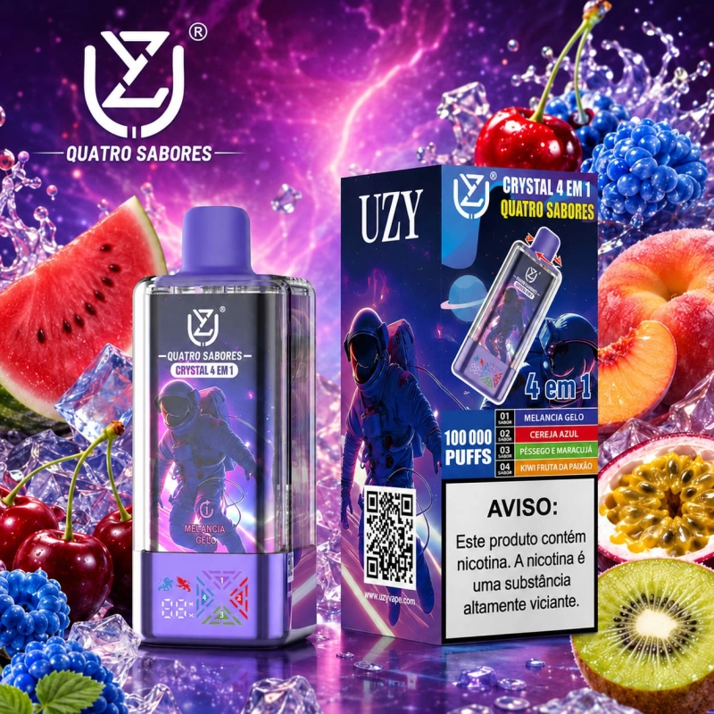 UZY Crystal 100.000 Puffs 4-em-1 vape descartável com sabores frutos vermelhos mistos e maracujá, kiwi limão e arando, uva e morango, kiwi