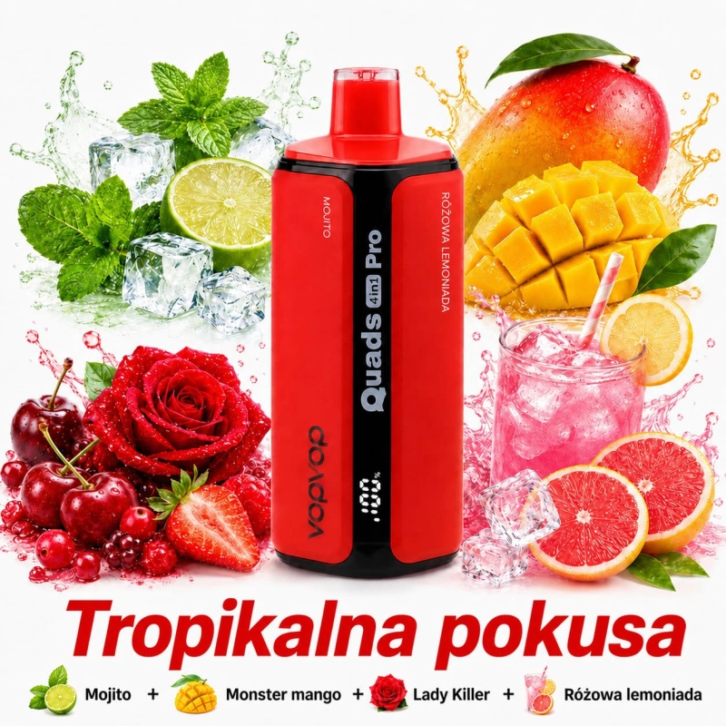 VopVop Quads Pro 200000 – K1 Tropikalna pokusa, 4 smaki: mojito, mango Monster, Lady Killer i różowa lemoniada