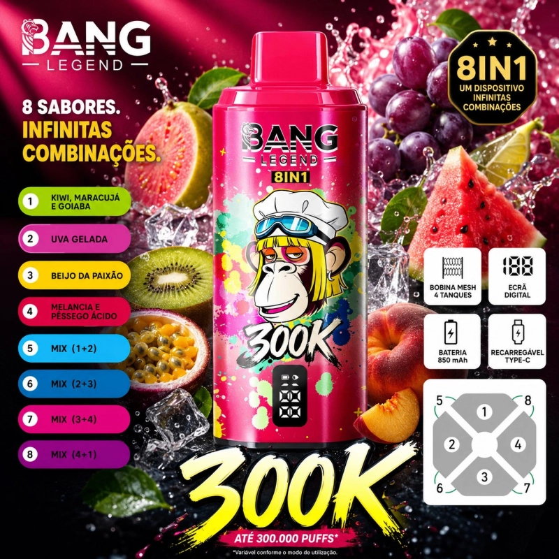 Bang Legend 300.000 Puffs Vape Descartável, 8 Sabores em 1 Rosa