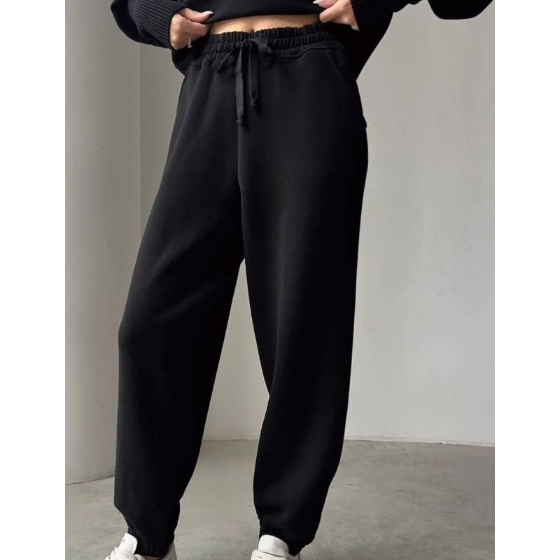 Conjunto de 2 peças de roupa desportiva casual para mulher – top com meio fecho e lapela e jogger a condizer
