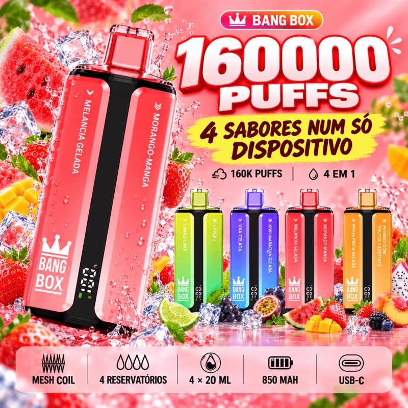 Bang Box 160.000 Puffs vape descartável recarregável 4 em 1 Portugal com 4 sabores, bateria USB-C e alta autonomia até 160k puffs