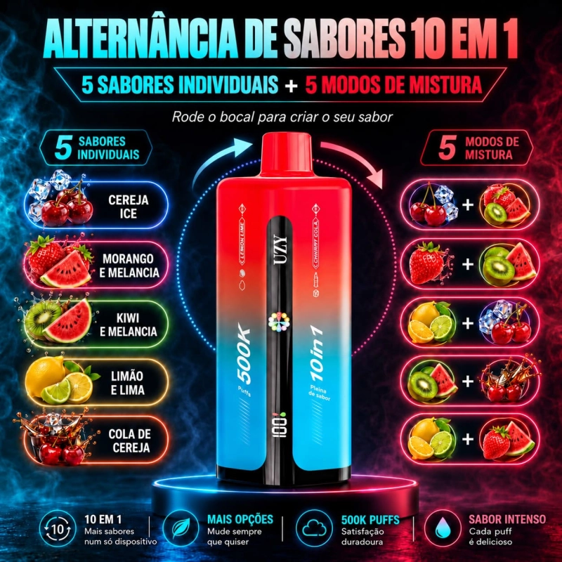 UZY Penta Flavor 500K com cereja gelada, morango e melancia, kiwi e melancia, limão e lima e cola de cereja.