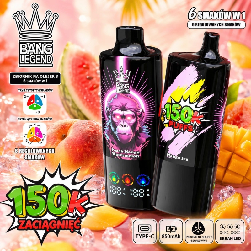 Bang Legend 150000 150000 zaciągnięć Jednorazowy e-papieros, Brzoskwinia Mango Arbuz