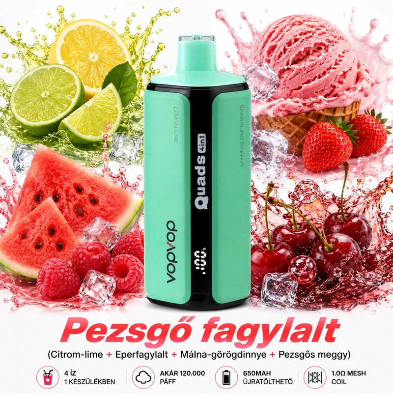 VOPVOP Quads 4 in 1 120K eldobható vape Pezsgő fagylalt Citrom lime Eper fagylalt Málnás dinnye Pezsgős meggy Hungary ice cream vape flavor