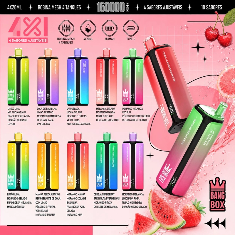 Bang Box 4 em 1 160000 Puffs Vape Descartável, Sabores Ajustáveis