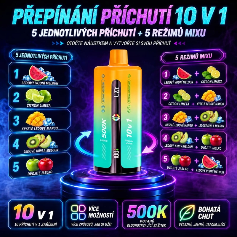 UZY 500K příchutě – kiwi meloun Ice, dvojité jablko a ovocná kombinace