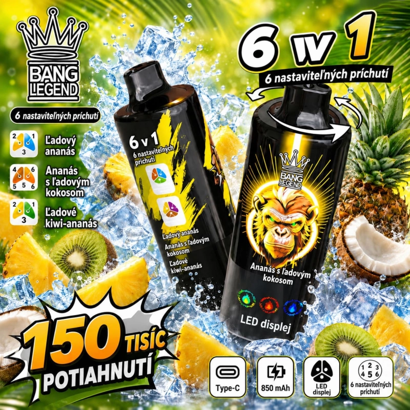 Bang Legend 150K 6v1 – príchute ľadový ananás, ananás-kokos a kiwi-ananás