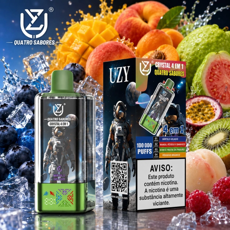 UZY Crystal 100.000 Puffs 4-em-1 vape descartável com sabores melão gelado e framboesa azul, cereja e melão, pêssego azedo e maracujá, kiwi