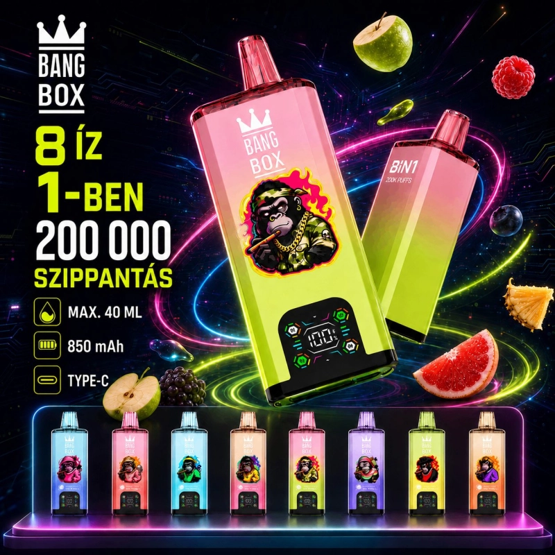 Bang Box 8 in 1 200000 Szippantás Eldobható E-cigaretta, Vegyes Gyümölcsös Színek