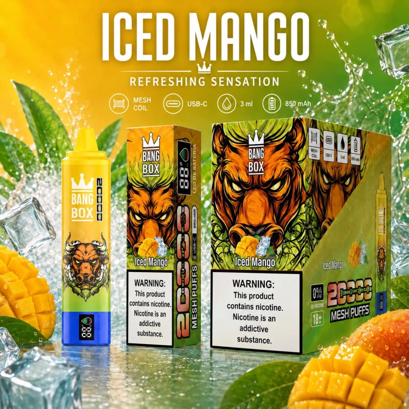 Bang Box 20000 Puffs rechargeable vape in Mango Ice flavor with ripe mango and cooling ice imagery
