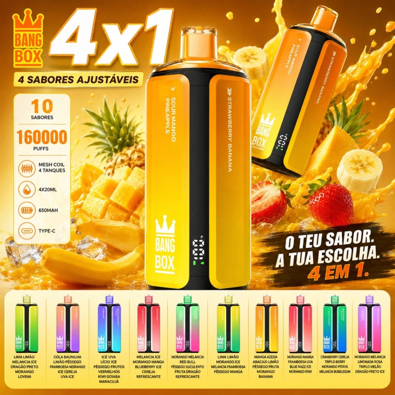 Bang Box 4x1 160000 Puffs Cigarro Eletrônico Descartável, Multisabor Amarelo e Laranja