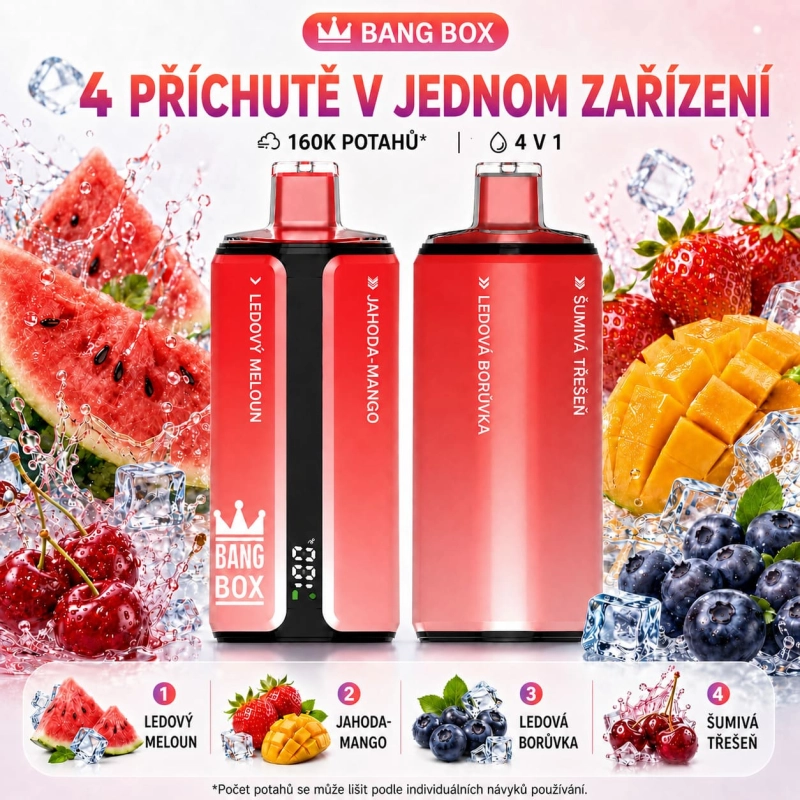 Bang Box 160 000 potahů 4v1 – Meloun s jahodami, Red Bull, broskvová zmrzlina a grapefruitová limonáda