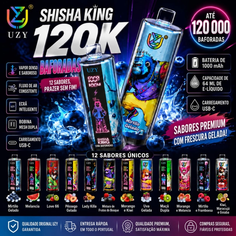 UZY Shisha King 120K DTL com 12 sabores, 64 ml, bateria 1000 mAh, ecrã LED e carregamento USB-C