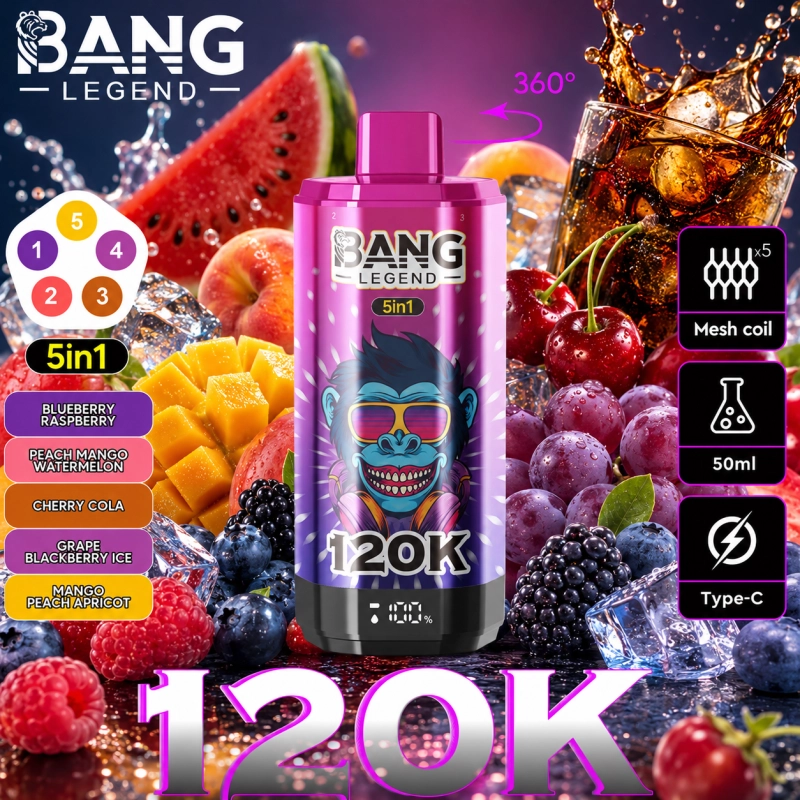 Bang Legend 120K áfonya-málna, őszibarack-mangó-görögdinnye, kóla-cseresznye, szőlő-szeder jég és mangó-őszibarack-sárgabarack ízkészlet