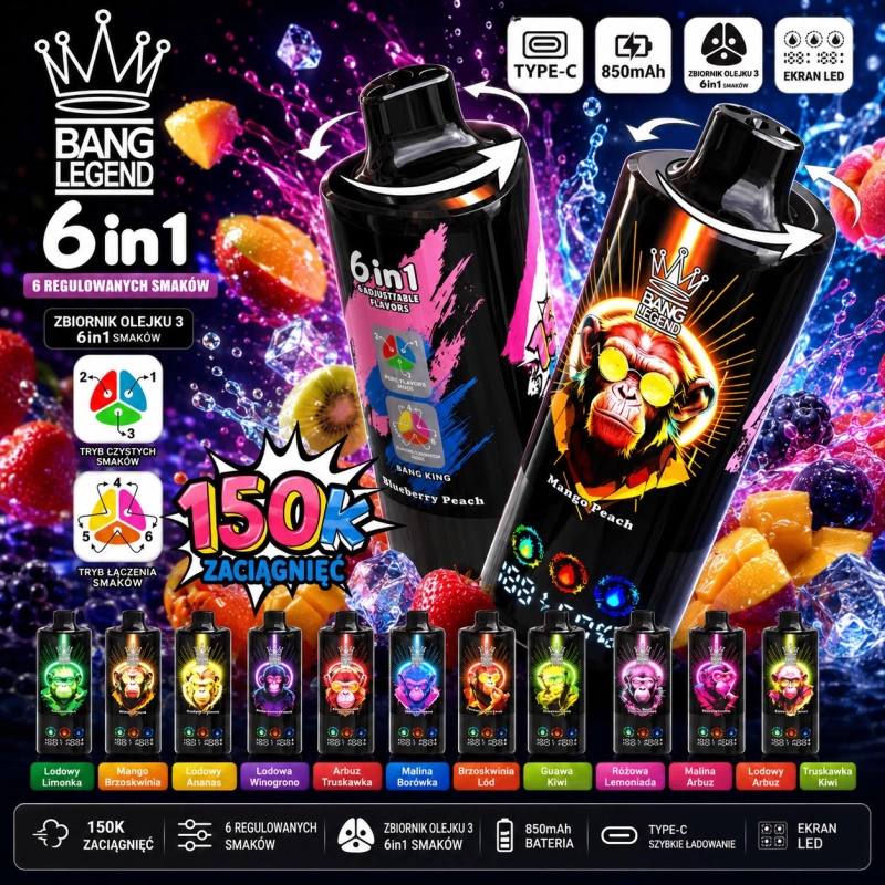 Bang Legend 6 in 1 150000 zaciągnięć jednorazowy e-papieros, wielosmakowy