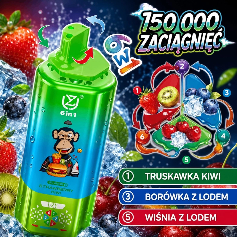 UZY 6 w 1 150000 zaciągnięć Jednorazowy e-papieros, wieloowocowy