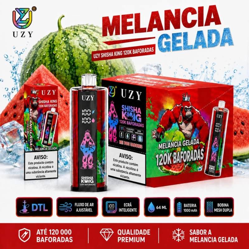 UZY Shisha King 120K sabor Melancia Gelada com frescura frutada