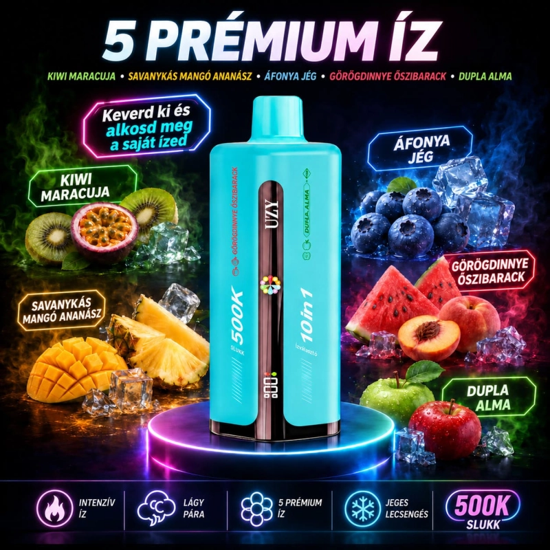 UZY 500K vape 5 prémium ízzel – kiwi-maracuja, mangó-ananász, áfonya, görögdinnye-őszibarack és alma