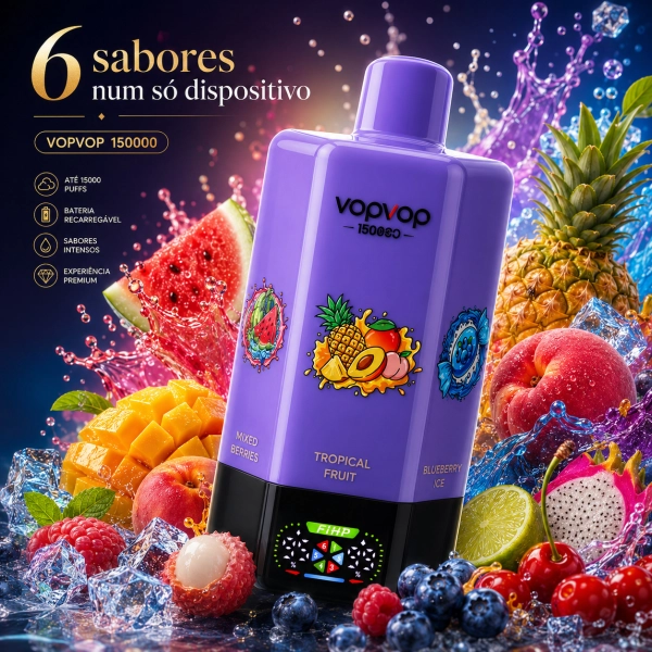 VOPVOP 150.000 Puffs Vape Descartável Recarregável 6 em 1 | 6 Sabores | USB-C | Portugal