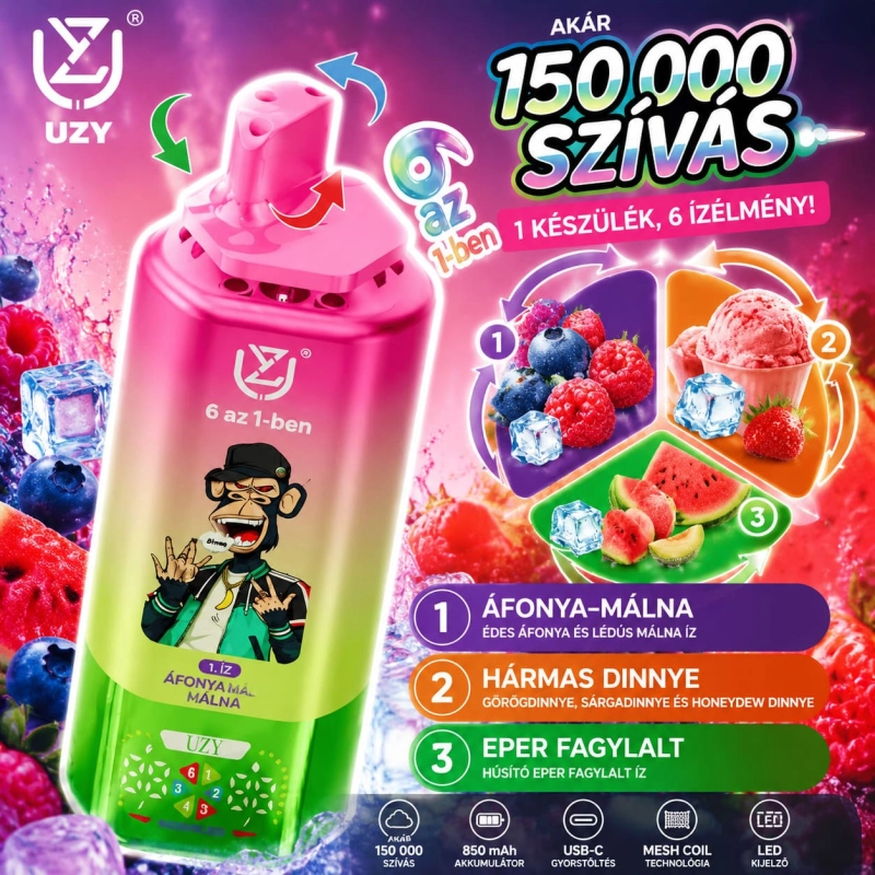 Áfonya–málna, háromszoros dinnye és eper fagylalt ízű eldobható vape készülék