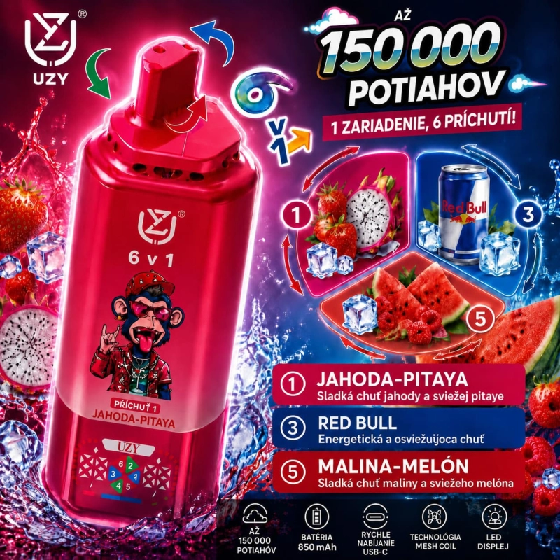 UZY 150 000 potiahnutí 6 v 1 – kombinácia príchutí jahoda s pitayou, Red Bull a malina s melónom