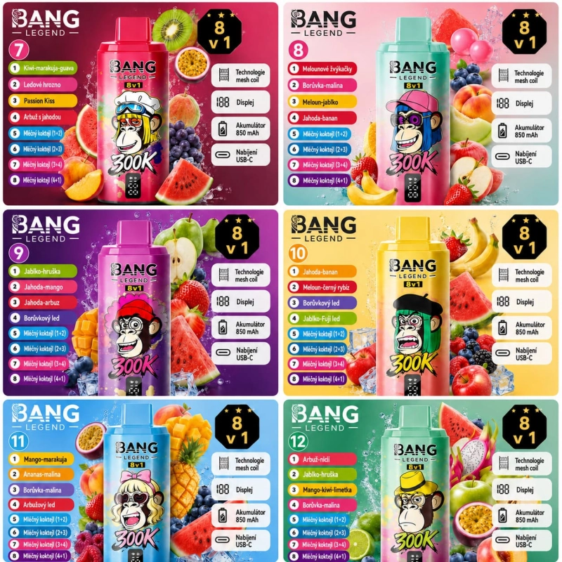 Bang Legend 300K 8 v 1 – výběr 12 variant a kombinací příchutí v jednom zařízení